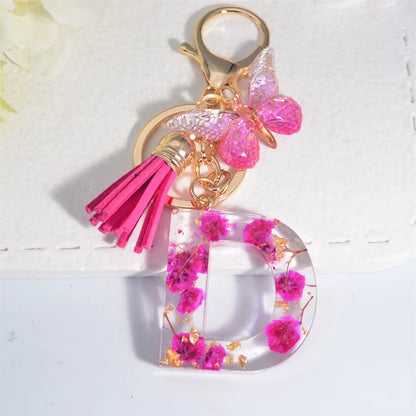 Exquisite Pink Dry Flower Resin 26 Initial Keychain Butterfly Tassel Pendant |  Valentine's Day Gift