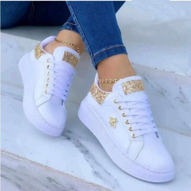 White Lace-Up Sneakers  Low-top Glitter Embellishment Casual Shoes