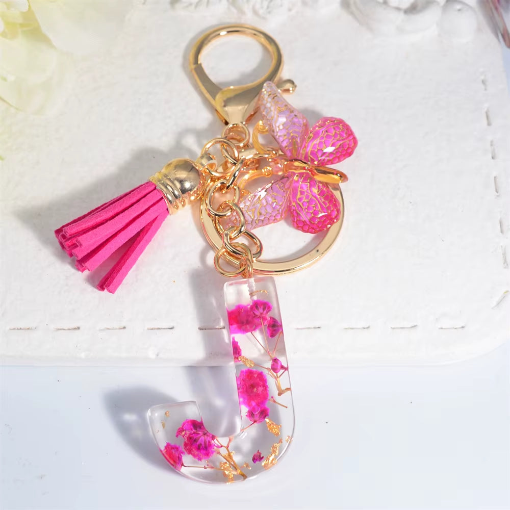 Exquisite Pink Dry Flower Resin 26 Initial Keychain Butterfly Tassel Pendant |  Valentine's Day Gift