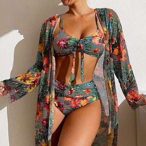 Bikini 3 Piece With Long Sleeved Blouse Swimwear 