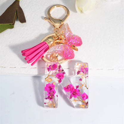 Exquisite Pink Dry Flower Resin 26 Initial Keychain Butterfly Tassel Pendant |  Valentine's Day Gift