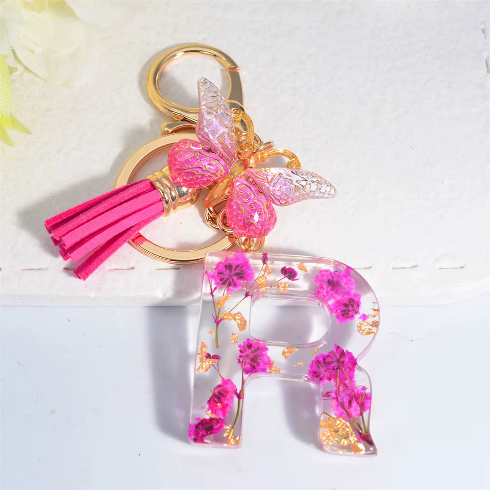 Exquisite Pink Dry Flower Resin 26 Initial Keychain Butterfly Tassel Pendant |  Valentine's Day Gift