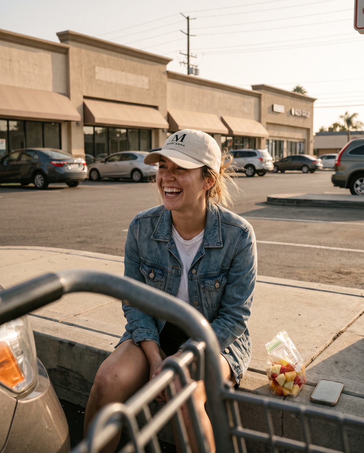Woman laughing on a curb in a denim jacket wearing the stone Mari'Anna dad cap