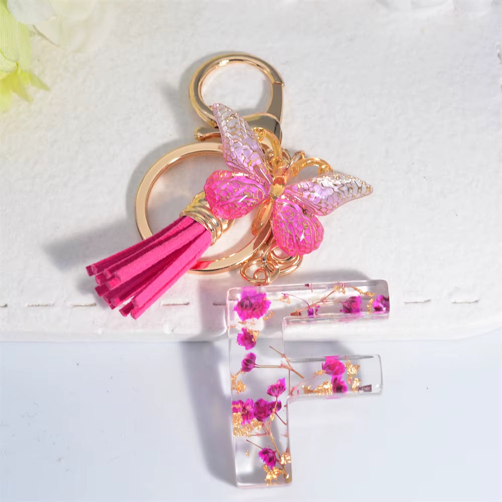 Exquisite Pink Dry Flower Resin 26 Initial Keychain Butterfly Tassel Pendant |  Valentine's Day Gift