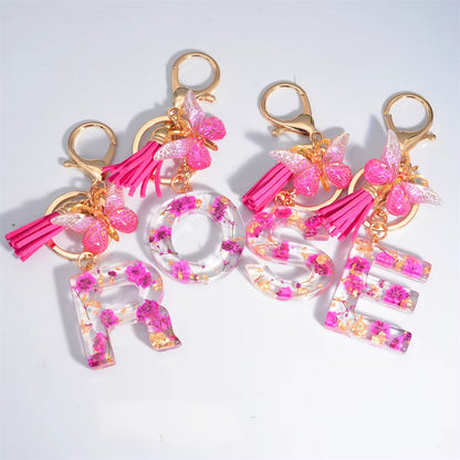 Exquisite Pink Dry Flower Resin 26 Initial Keychain Butterfly Tassel Pendant |  Valentine's Day Gift