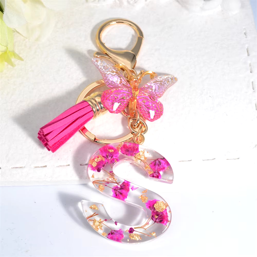 Exquisite Pink Dry Flower Resin 26 Initial Keychain Butterfly Tassel Pendant |  Valentine's Day Gift