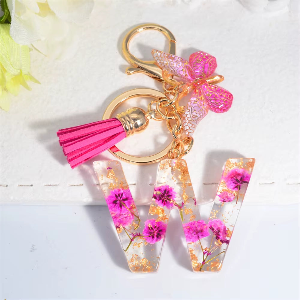 Exquisite Pink Dry Flower Resin 26 Initial Keychain Butterfly Tassel Pendant |  Valentine's Day Gift