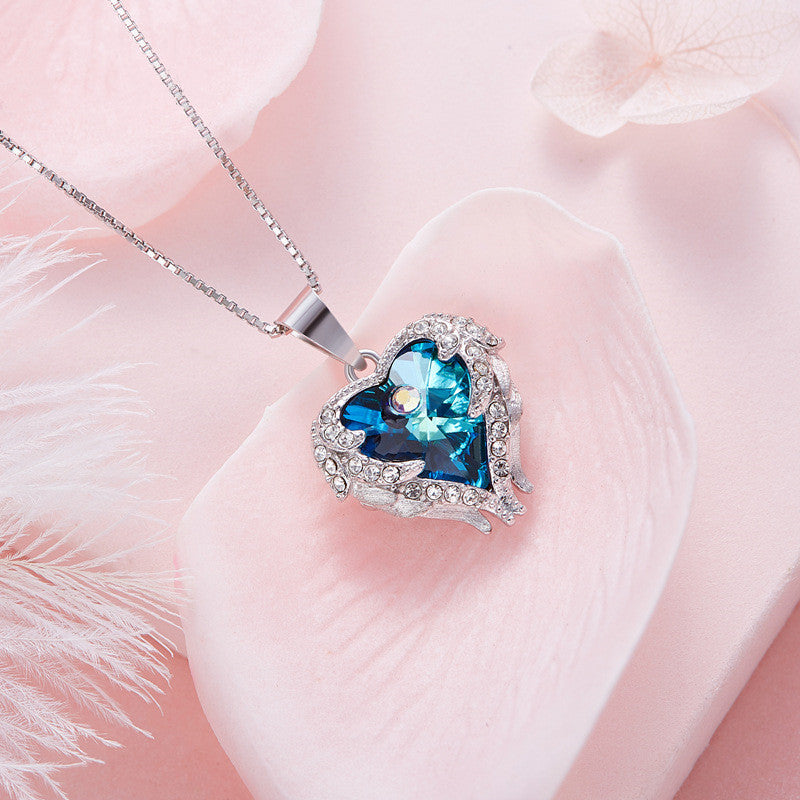 Angel Wing Necklace Ocean Heart Crystal Pendant