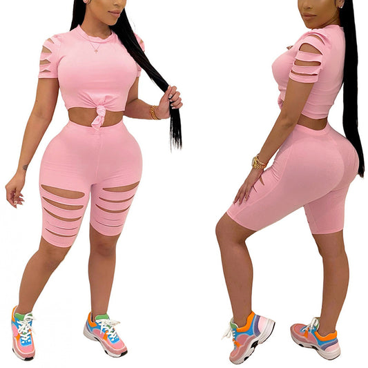 Fashion Casual Sports 2 piece Ripped Biker Shorts Set