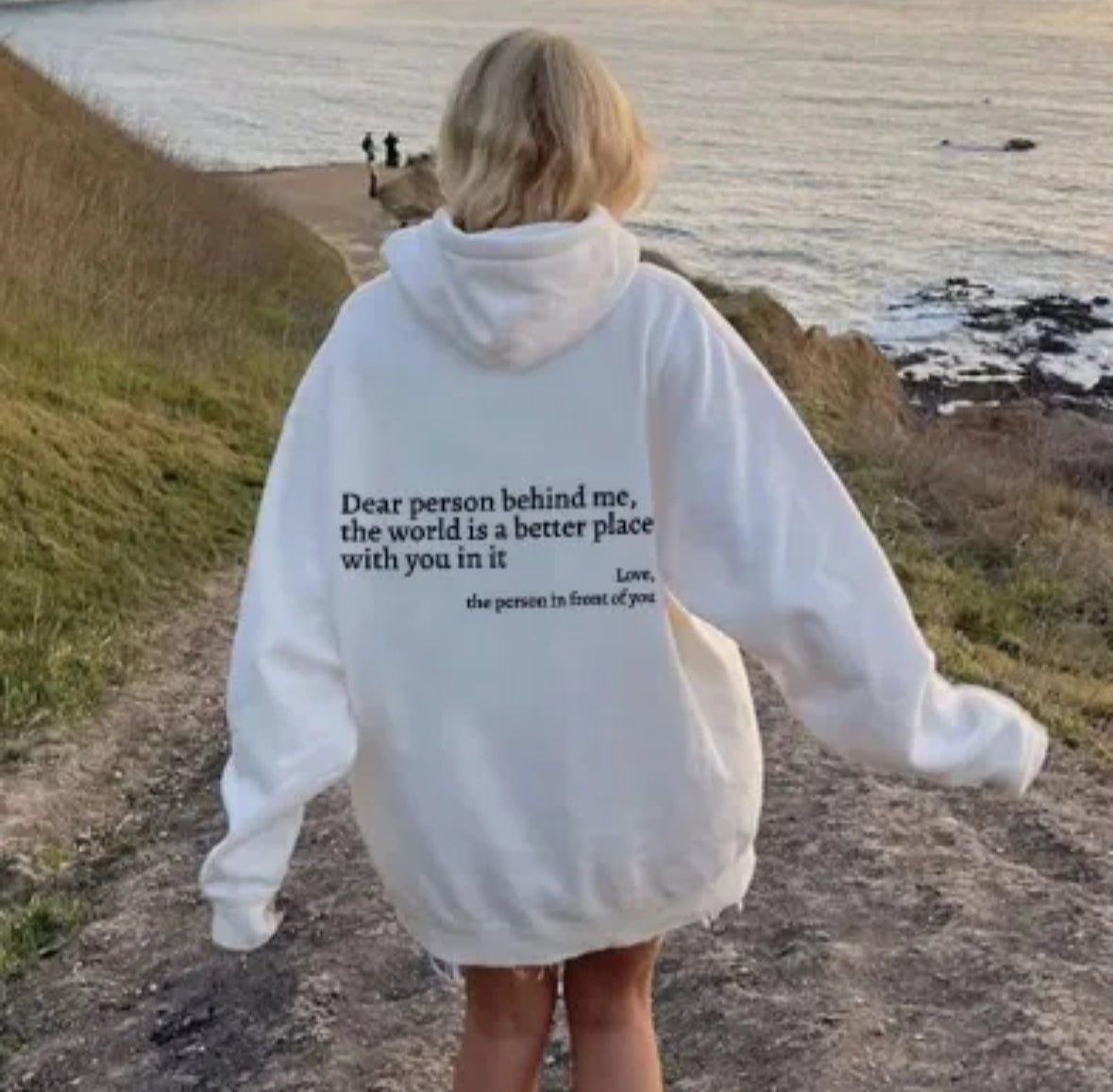 Dear Person Behind Me,the World Is A Better Place,with You In It, Plush Letter Printed Kangaroo Pocket Drawstring Printed Hoodie Unisex