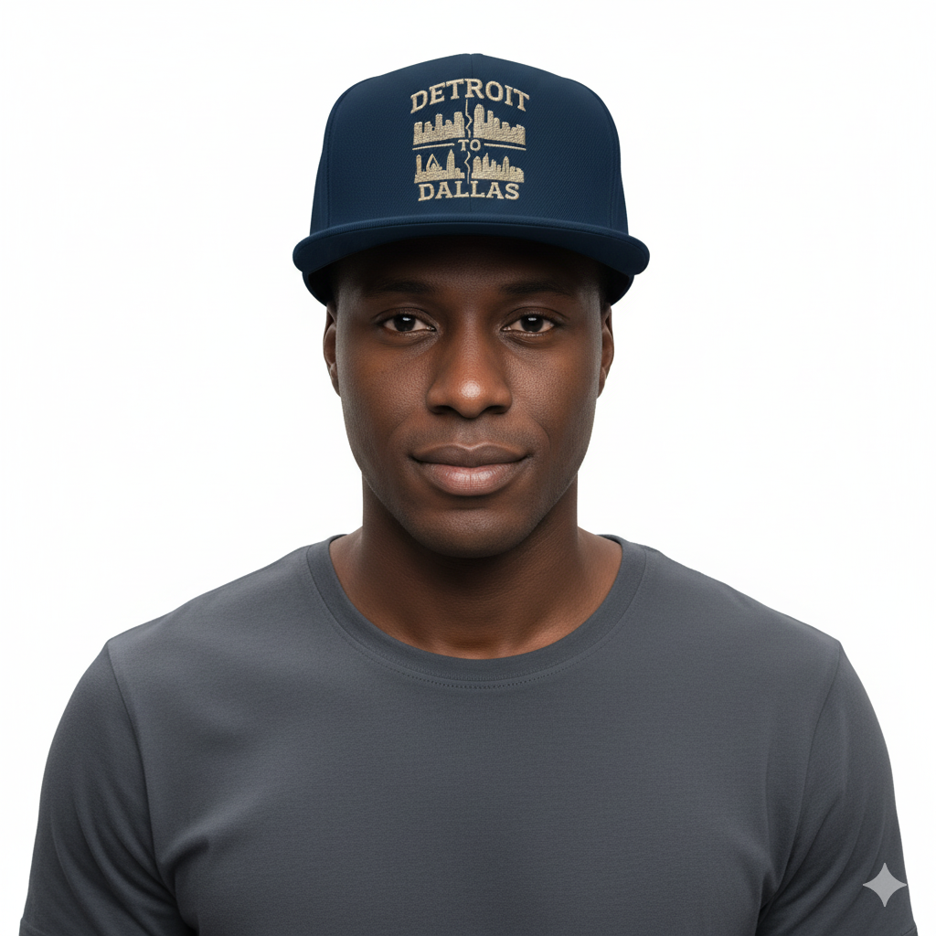 Man wearing a navy blue cap with 'Detroit to Dallas' text on a white background