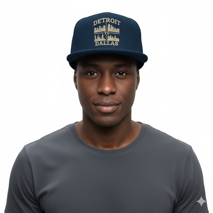 Man wearing a navy blue cap with 'Detroit to Dallas' text on a white background
