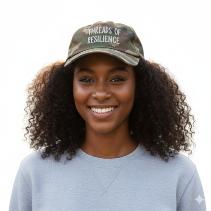 Woman wearing a camouflage cap with 'Threads of Resilience' text on a white background
