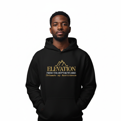 Person wearing a black hoodie with 'Elevation' text and mountain graphic on a white background