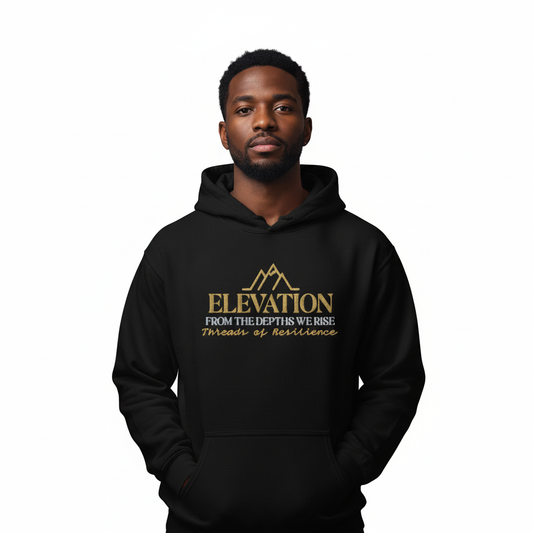 Person wearing a black hoodie with 'Elevation' text and mountain graphic on a white background