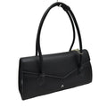 A black leather handbag with a structured envelope-style body, dual top handles, a flap closure, and a small gold logo on the front, photographed against a light gray studio background.