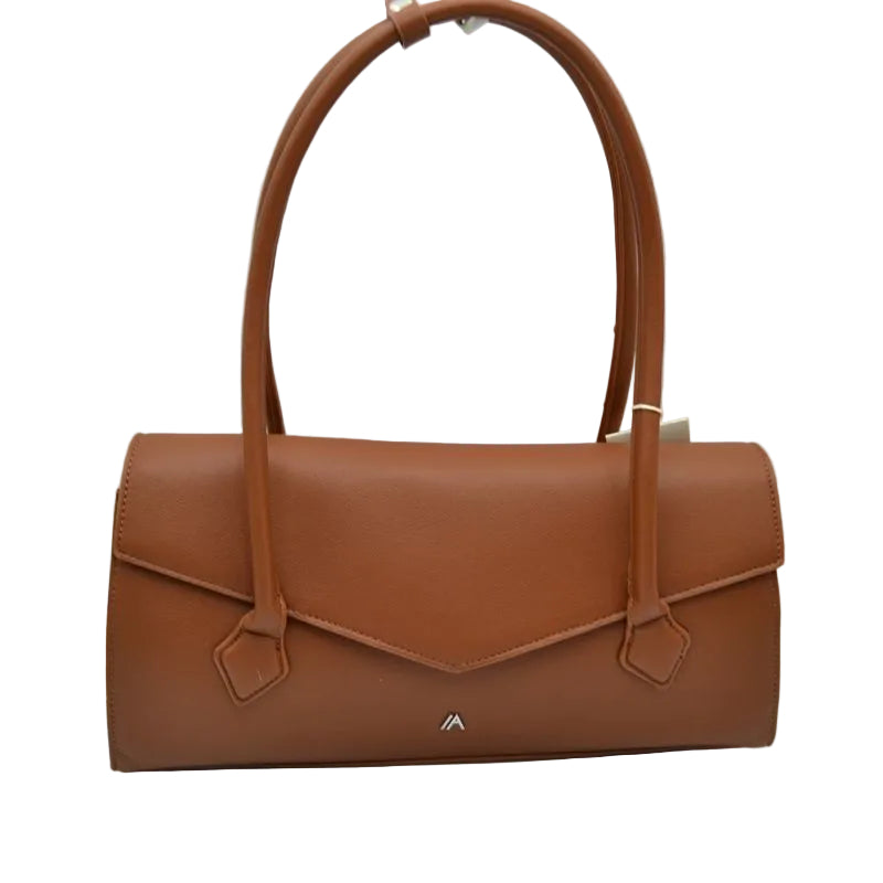 A brown leather handbag with a structured rectangular body, double top handles, and a small silver logo on the front, set against a plain white
 background.