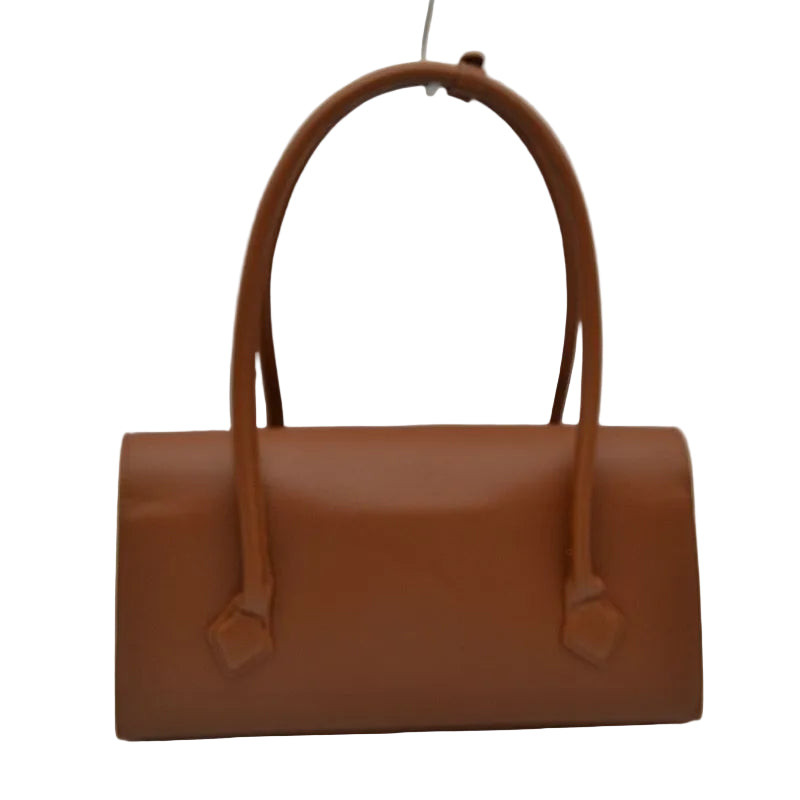 A brown leather handbag with a structured rectangular body and two top handles, photographed against a plain white background.