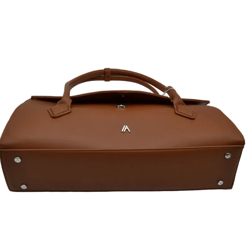 A brown leather handbag with top handles and silver-tone hardware, photographed against a plain  background.