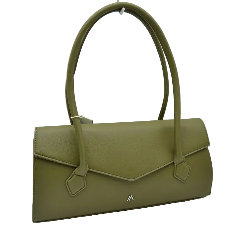 An olive green leather handbag with a structured envelope-style flap, dual top handles, and a small silver geometric logo on the front, photographed against a white studio background.