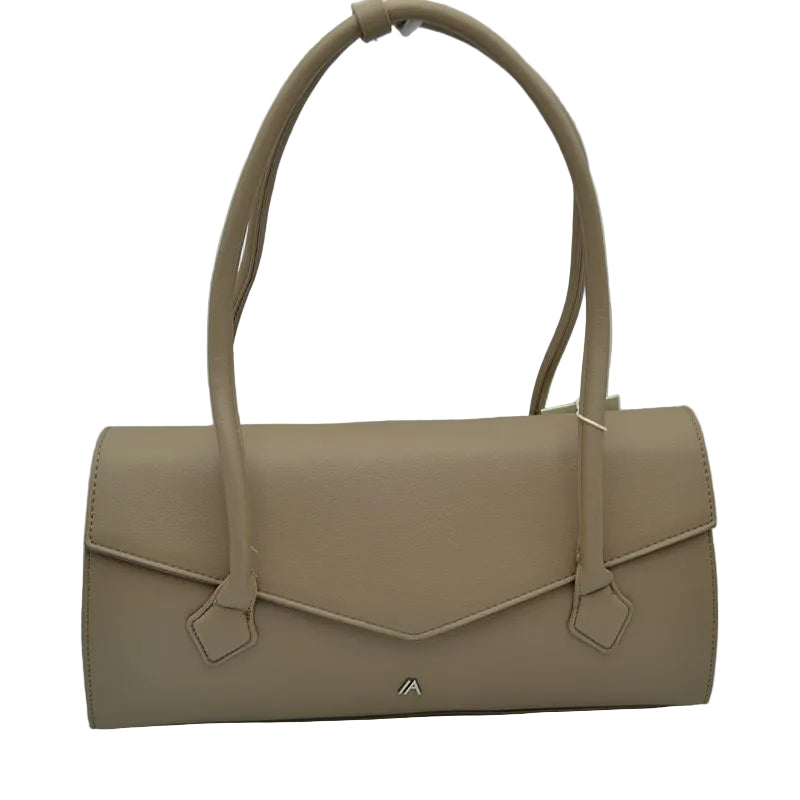 A structured beige handbag with a flap closure, dual top handles, and a small metallic logo at the bottom center, photographed against a plain white background.