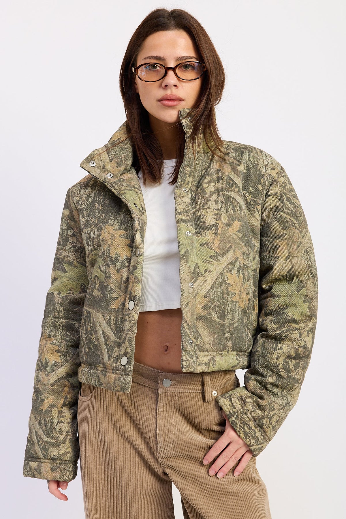 The Dinara Woodland Camo Cropped Puffer Jacket
