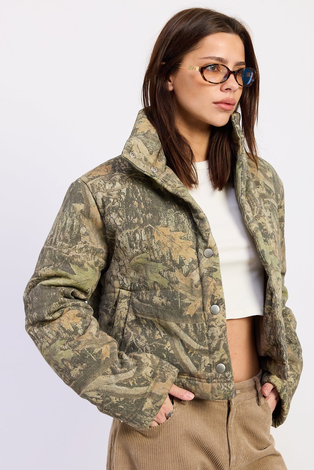 The Dinara Woodland Camo Cropped Puffer Jacket