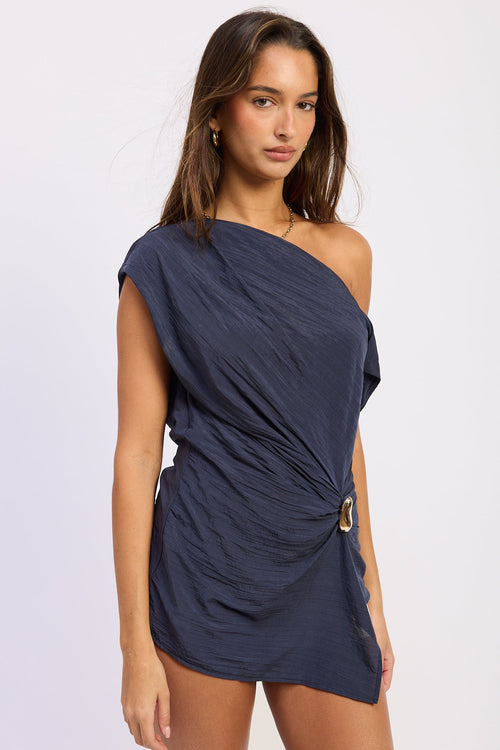 The Willow Asymmetrical Drape Top in navy, alternate view alternate view