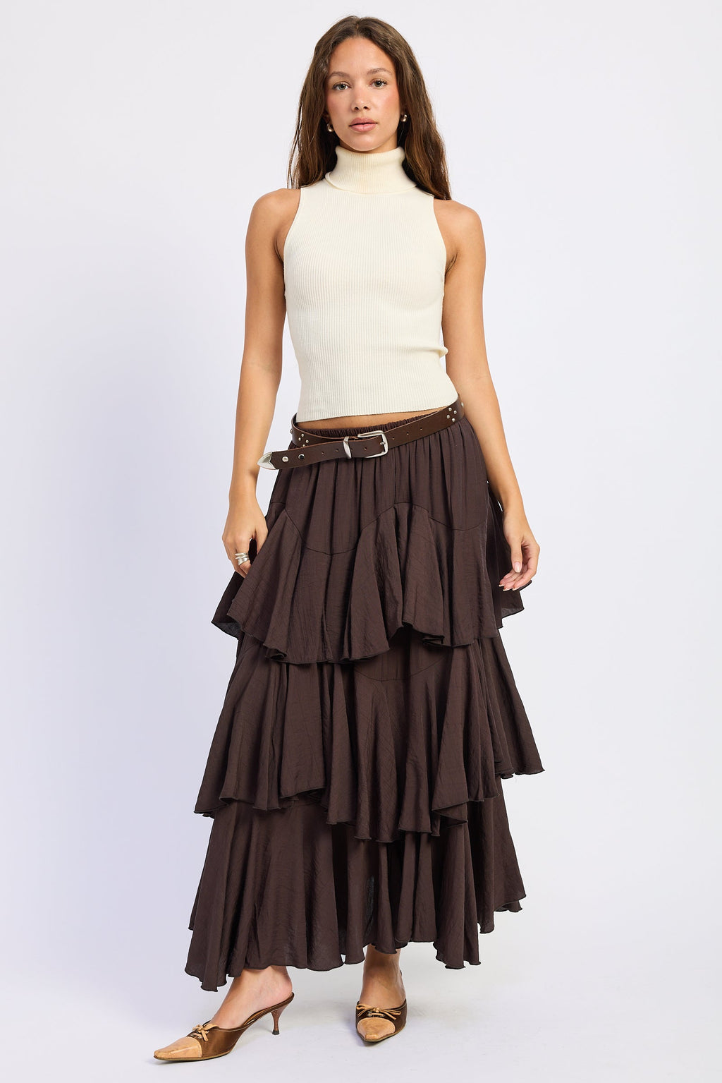 The Cambria Chocolate Tiered Chiffon Maxi Skirt