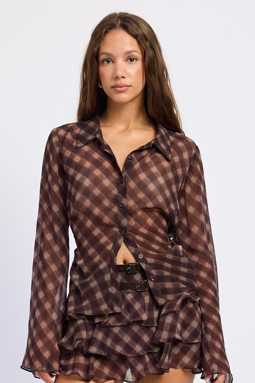 The Elysia Plaid Sheer Button-Up Blouse