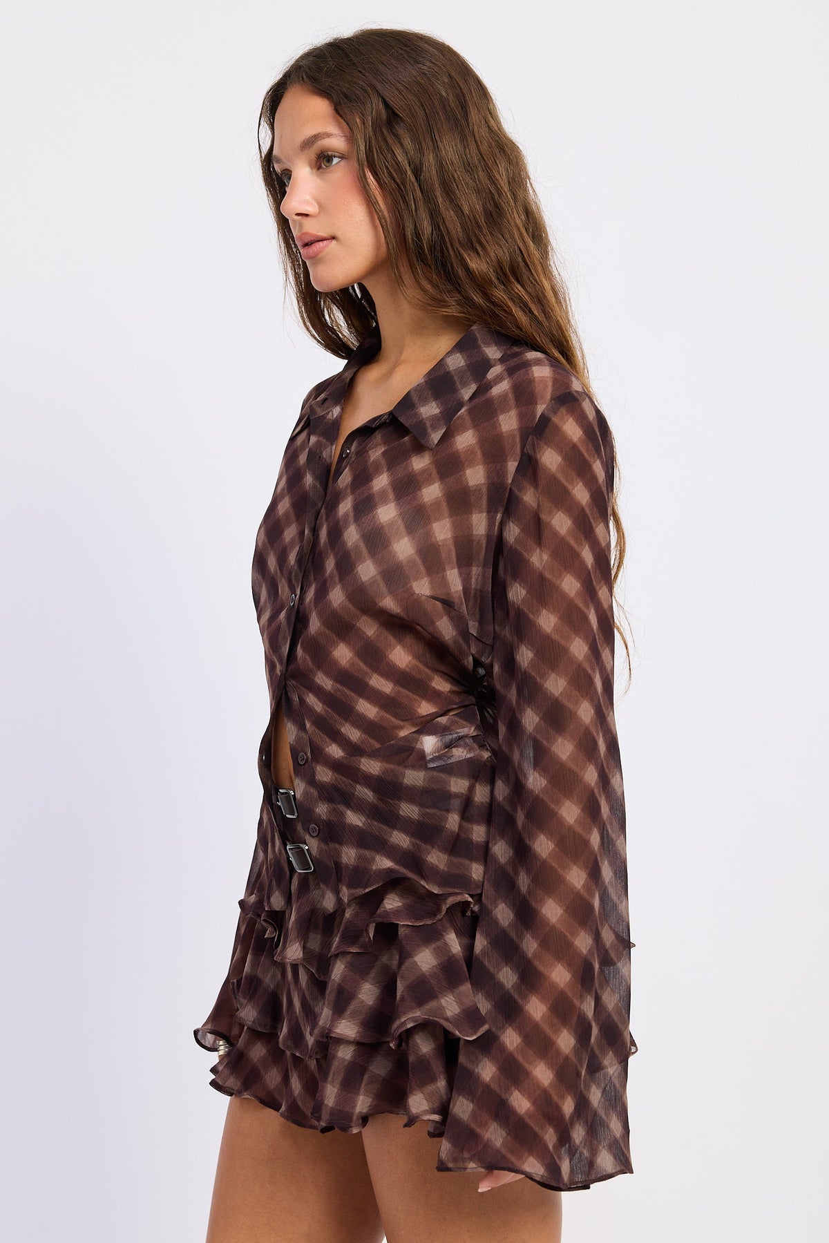 The Elysia Plaid Sheer Button-Up Blouse