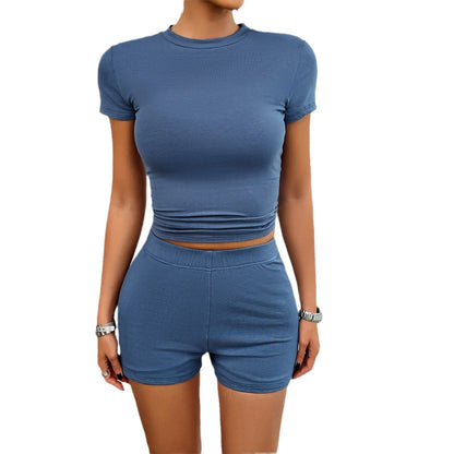 Women's Fashion Solid Color Slim Short Sleeve Shorts Suit - Mari’Anna Tees