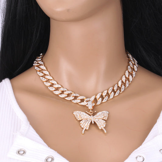 Hip Hop Trend Style Fashion Butterfly Pendant Cuban Link Chain Unisex