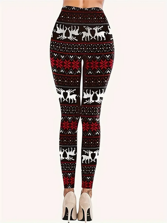 Christmas Elk & Snowflake Print Skinny Leggings Vintage High Waist Stretchy Leggings - Mari’Anna Tees