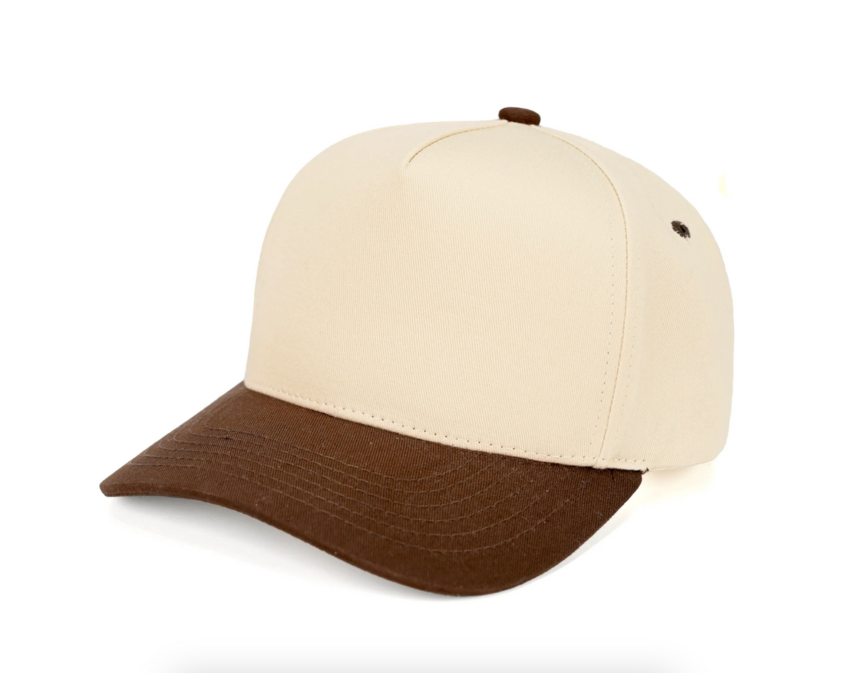 Rowan cream and brown two-tone canvas trucker hat