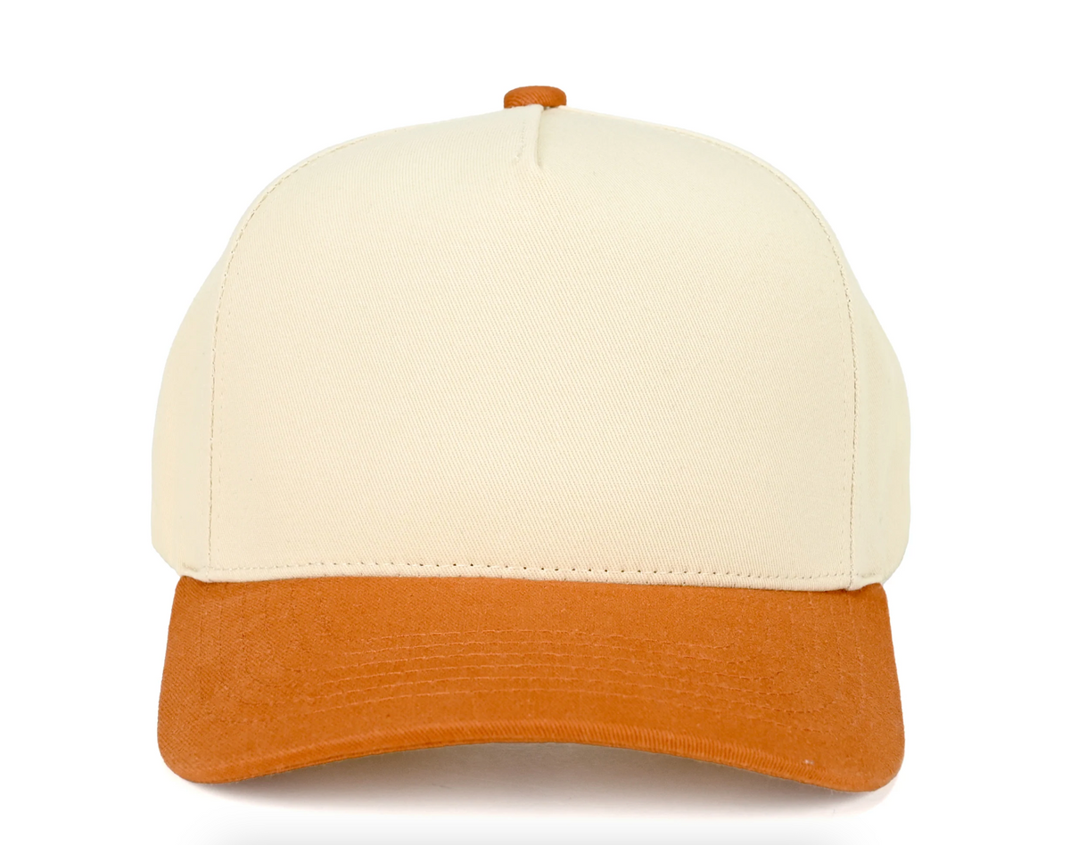 Rowan cream and orange two-tone canvas trucker hat, front view