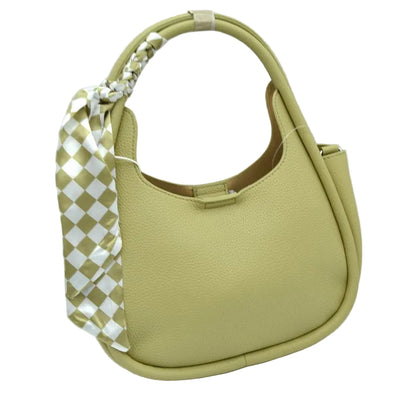 A light olive green pebbled leather shoulder bag with a matching woven leather top handle and a decorative woven side strap featuring a white and olive green checkered pattern, set against a plain white background.