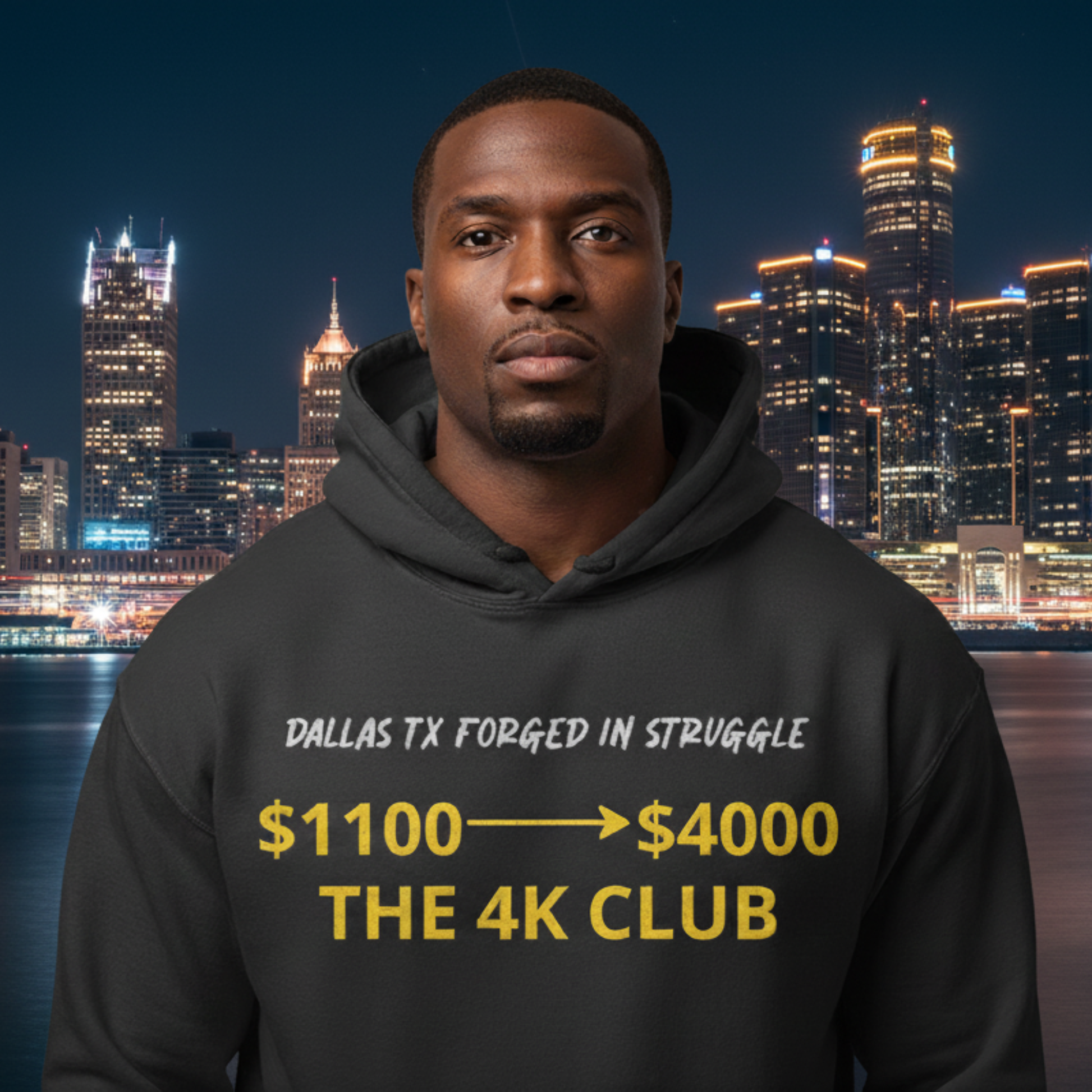 Person wearing a hoodie with text in front of a city skyline at night