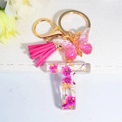 Exquisite Pink Dry Flower Resin 26 Initial Keychain Butterfly Tassel Pendant |  Valentine's Day Gift