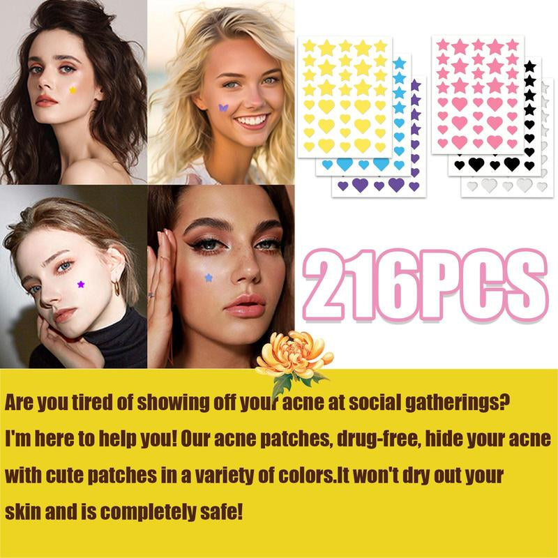 Star & Heart Shaped Hydrocolloid Pimple Patch, 216Pcs/Box Easy to Peel Acne Cover Sticker, Facial Skin Care Accessories for All Skin Types