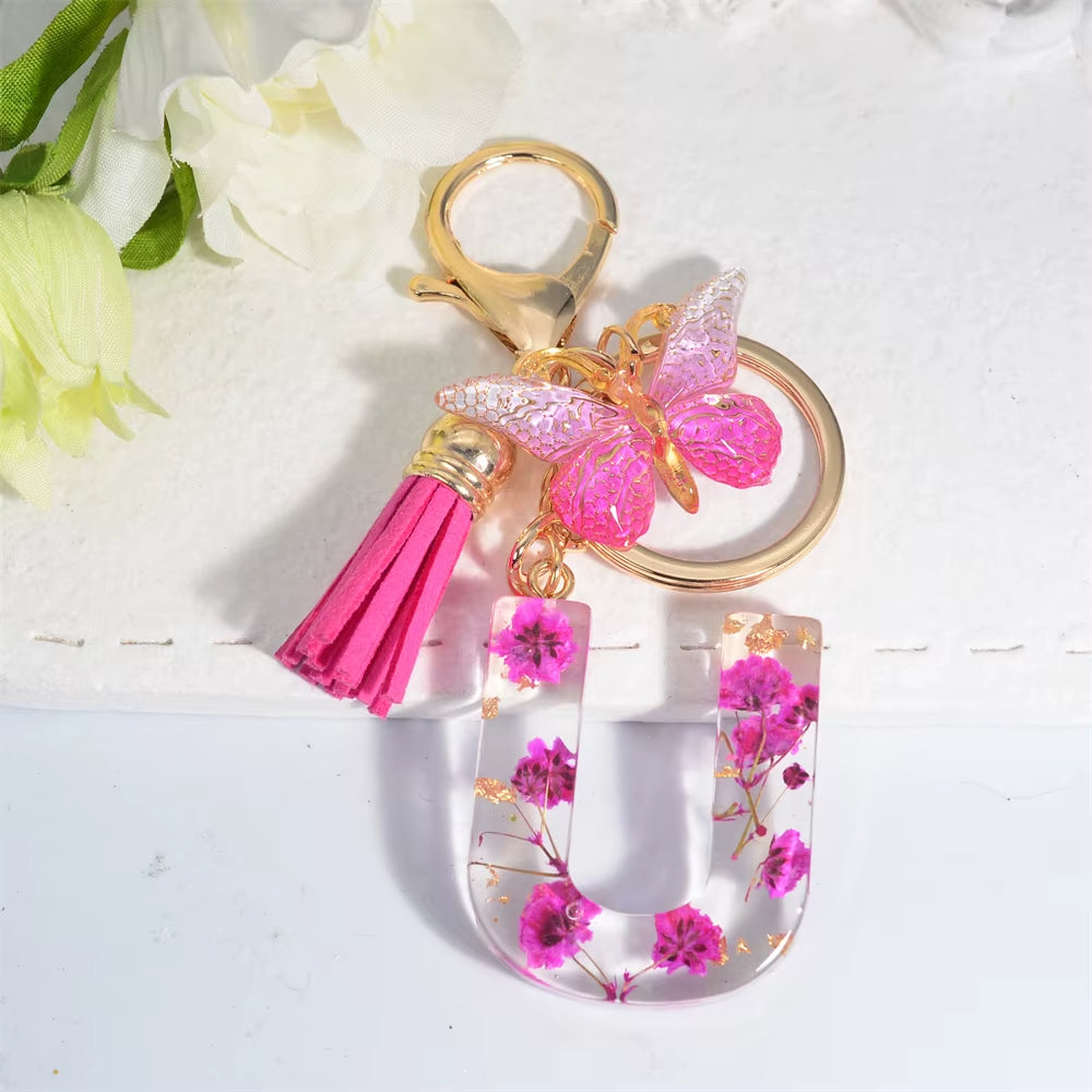 Exquisite Pink Dry Flower Resin 26 Initial Keychain Butterfly Tassel Pendant |  Valentine's Day Gift