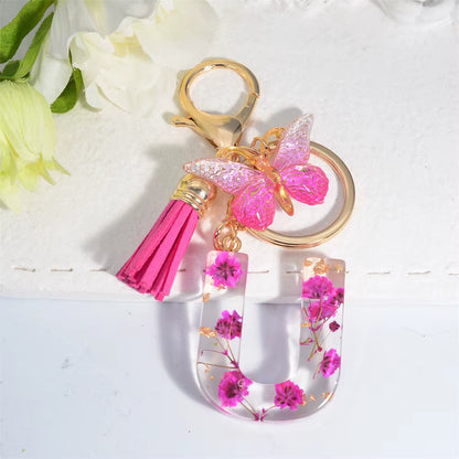 Exquisite Pink Dry Flower Resin 26 Initial Keychain Butterfly Tassel Pendant |  Valentine's Day Gift