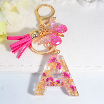 Exquisite Pink Dry Flower Resin 26 Initial Keychain Butterfly Tassel Pendant |  Valentine's Day Gift