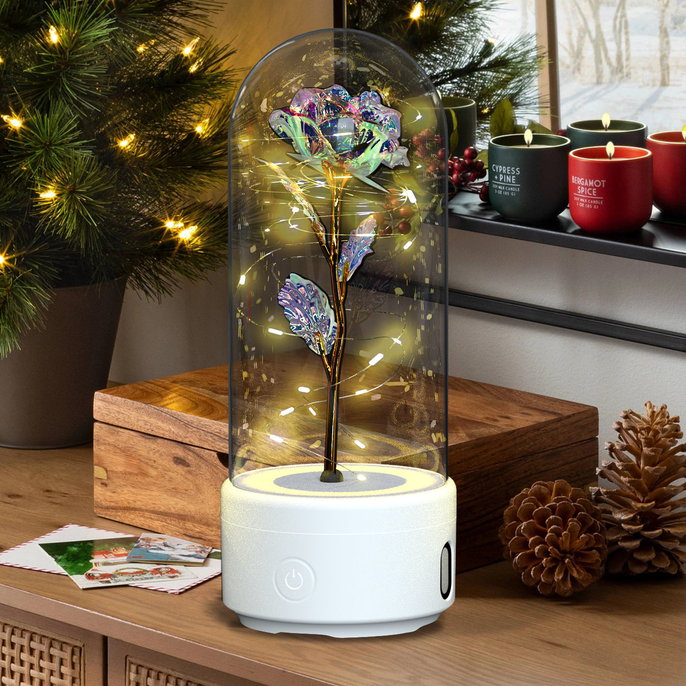 Creative 2 In 1 Glass Rose Flower LED Light And Bluetooth Speaker 