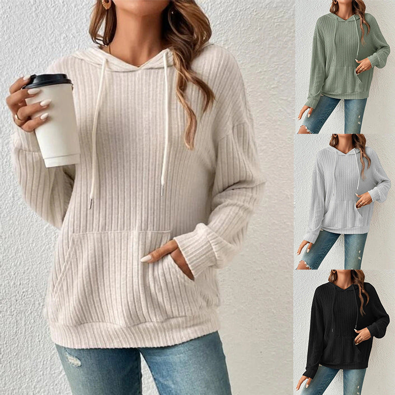 Drawstring Long-sleeved Hooded Sweatshirt With Pockets Solid Sunken Stripe Hoodie Knitwear Womens Clothing