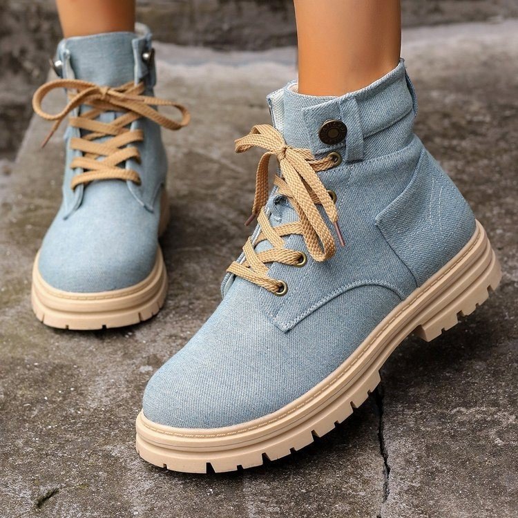 Lace-up Denim Ankle Boots Women Fashion Platform Cowboy Boots Casual Fashion Autumn Winter Round Toe Shoes - Mari’Anna Tees