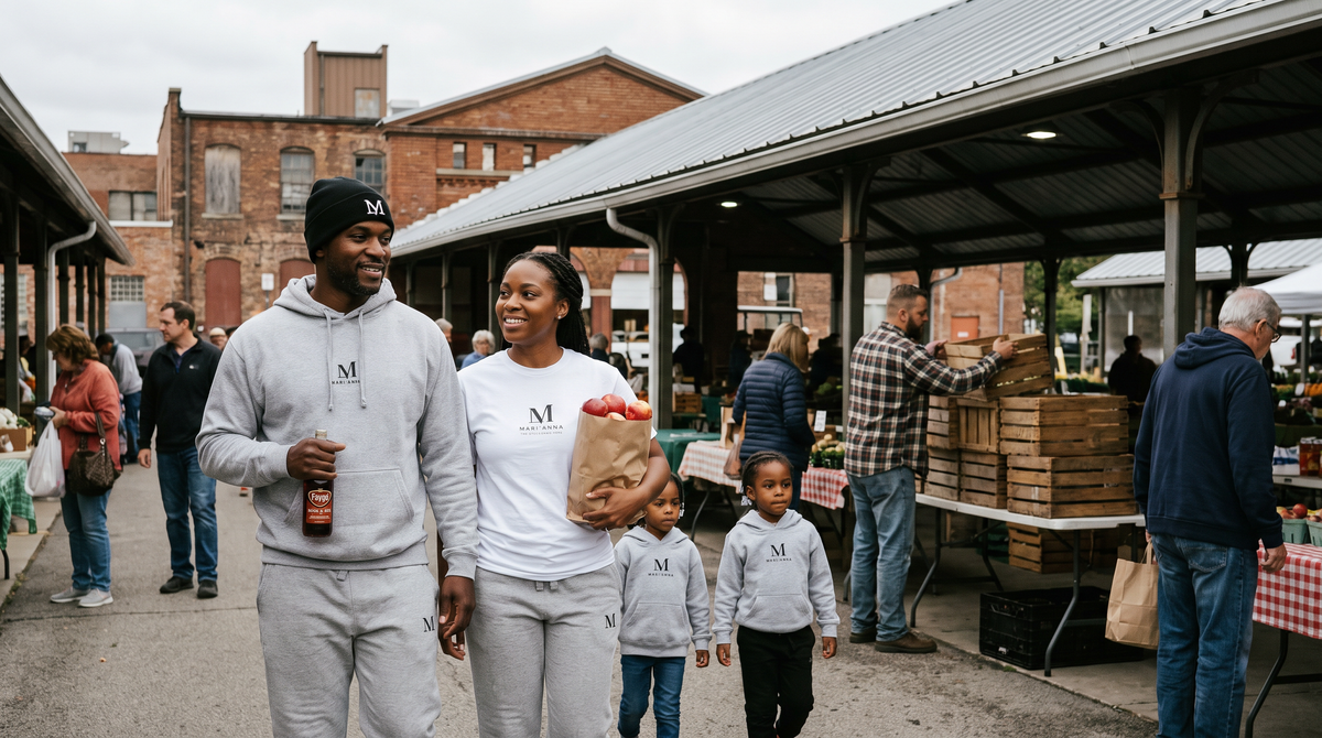 A family of four at Detroit's Eastern Market with an apple bag, vendors behind them