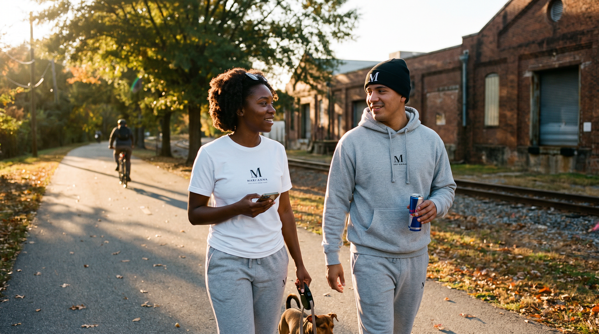 A woman holding a small dog and her phone beside a man with a Red Bull on the Atlanta BeltLine