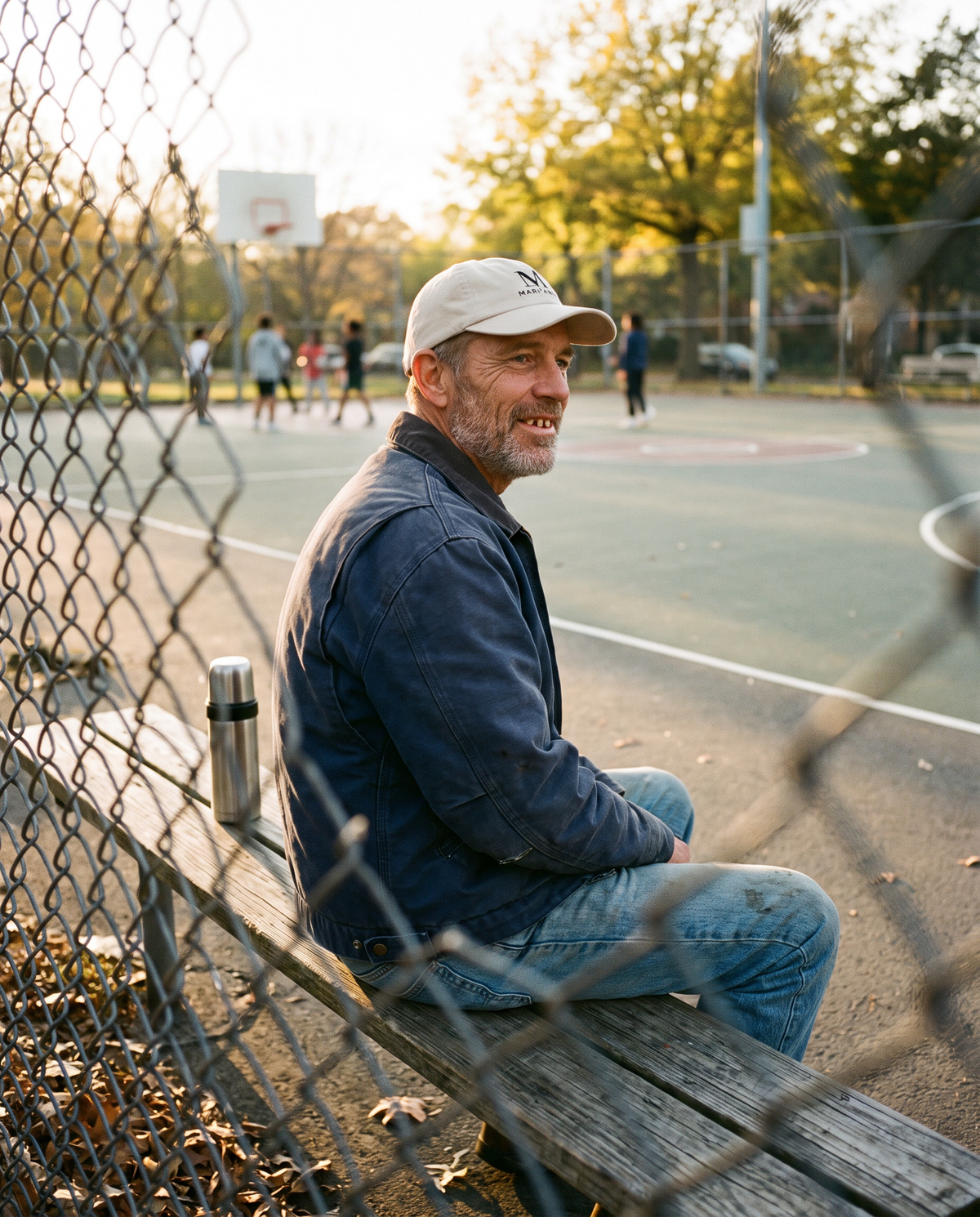 Man in a navy work jacket on a park bench wearing the stone Mari'Anna dad cap