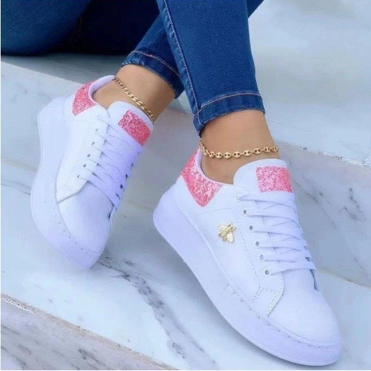 White Lace-Up Sneakers  Low-top Glitter Embellishment Casual Shoes